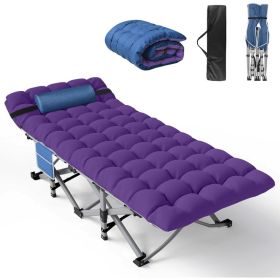 Folding Camping Cot for Adults with Mattress, Portable Camp Cot Bed Sleeping Cots with Pillow & Carry Bag for Office, Home Nap (Color: Purple Blue Pad)