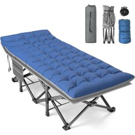 XXL Folding Camping Cot for Adults,79" L x 32" W x 19" H Camp Cot, Oversized Sleeping Cot with Mattress, Carry Bag, Strapping (Color: Gray Cot Blue  Pad)